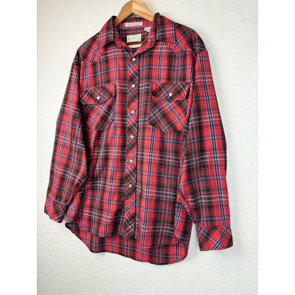 Vintage Open Trails Mens Shirt Sz L Red Checked Pearl Snap Long Sleeve Mountain - Picture 2 of 6